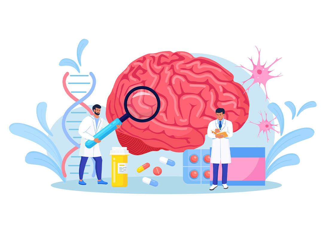 Artist’s representation of mental health lab testing, featuring representative images of a brain, cells, DNA, medications, and laboratorians performing investigations.