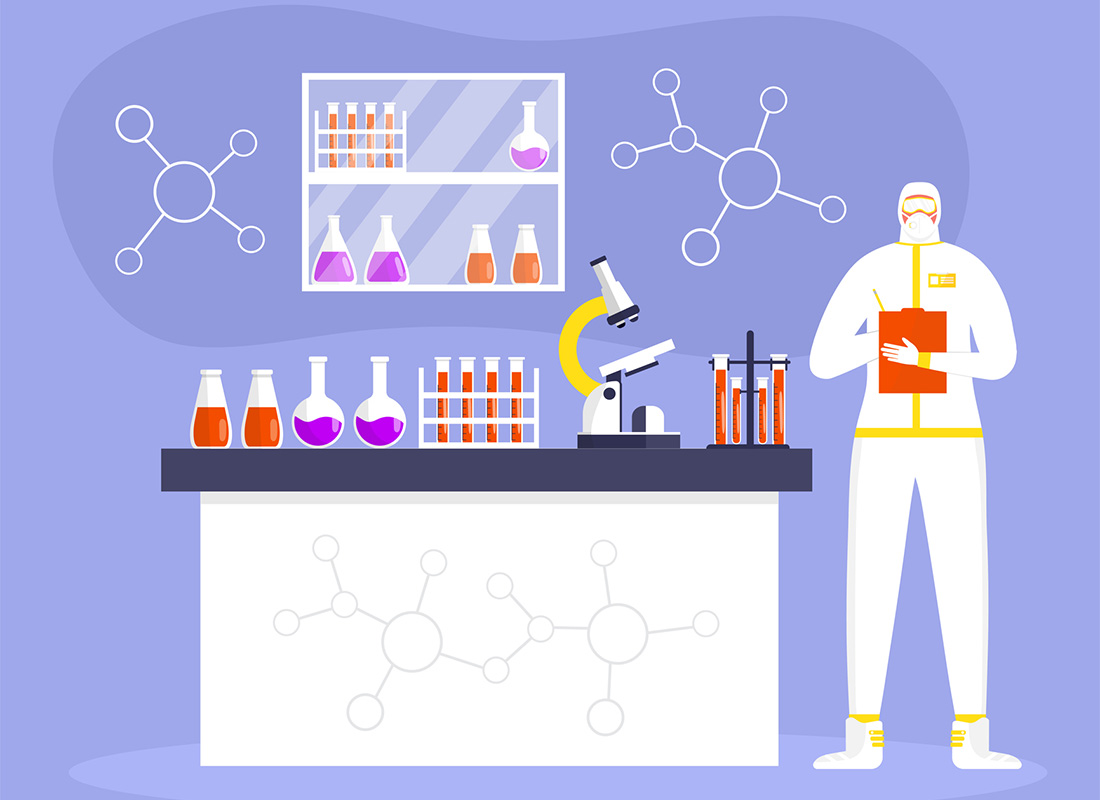 Artist’s rendition of lab quality: a person dressed in PPE stands in a lab, conducting testing and documenting the results.