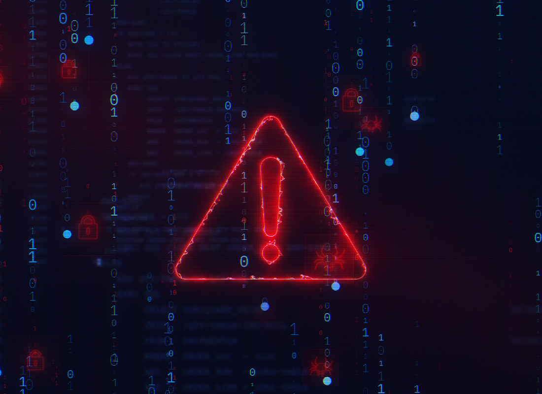 Abstract representation of a cyberattack showing a warning symbol (a red triangle around an exclamation mark) against a background of binary code