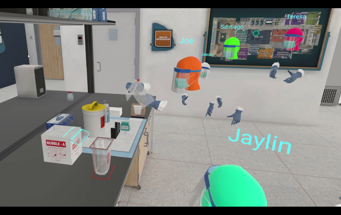 Avatars that look like floating hands and heads in PPE work at a lab bench in a virtual lab.