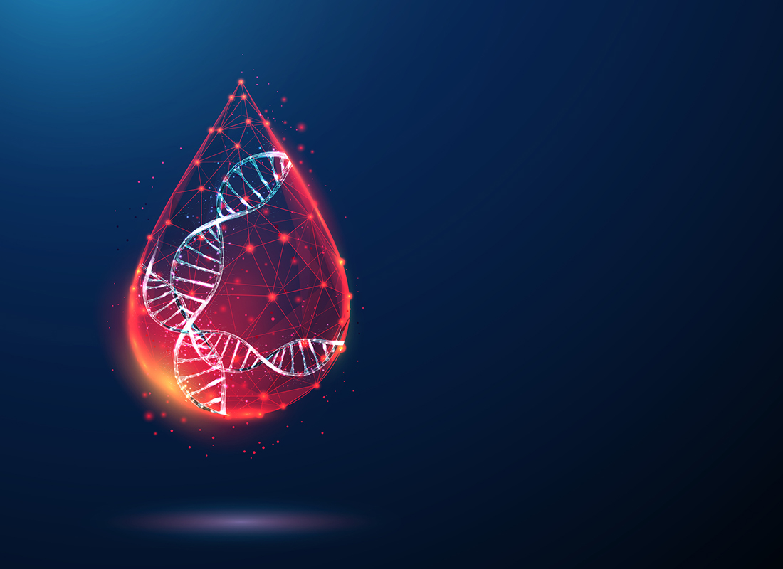 Artist’s representation of molecular hematopathology showing a geometric drop of blood containing a DNA double helix.