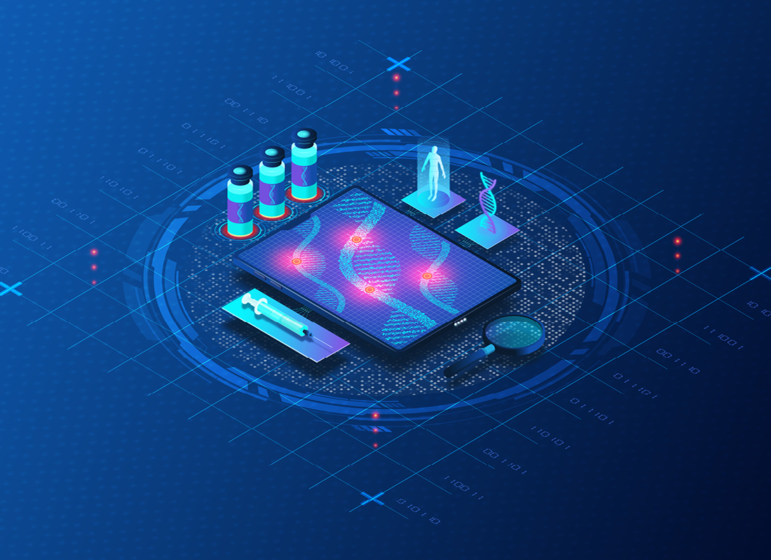 Illustration of tablet with DNA strands surrounded by three sample tubes, a syringe, human figure, another DNA strand, and a magnifying glance, representing the concept of portable genetic testing.