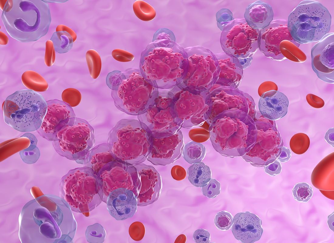 Illustration of red blood cells and cancer cells to represent the concept of ctDNA testing.