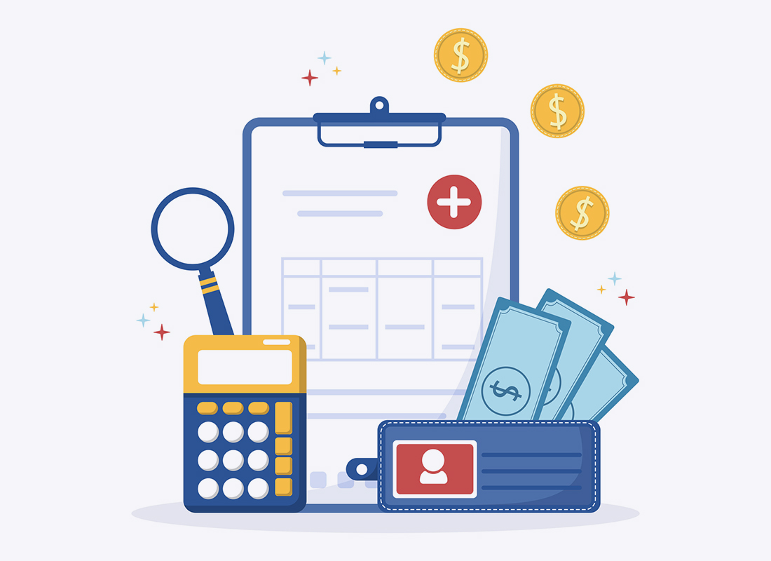 An illustrated representation of medical coding and billing, featuring symbols representative of healthcare (such as a clipboard with medical documents) and finance (such as a wallet and money).