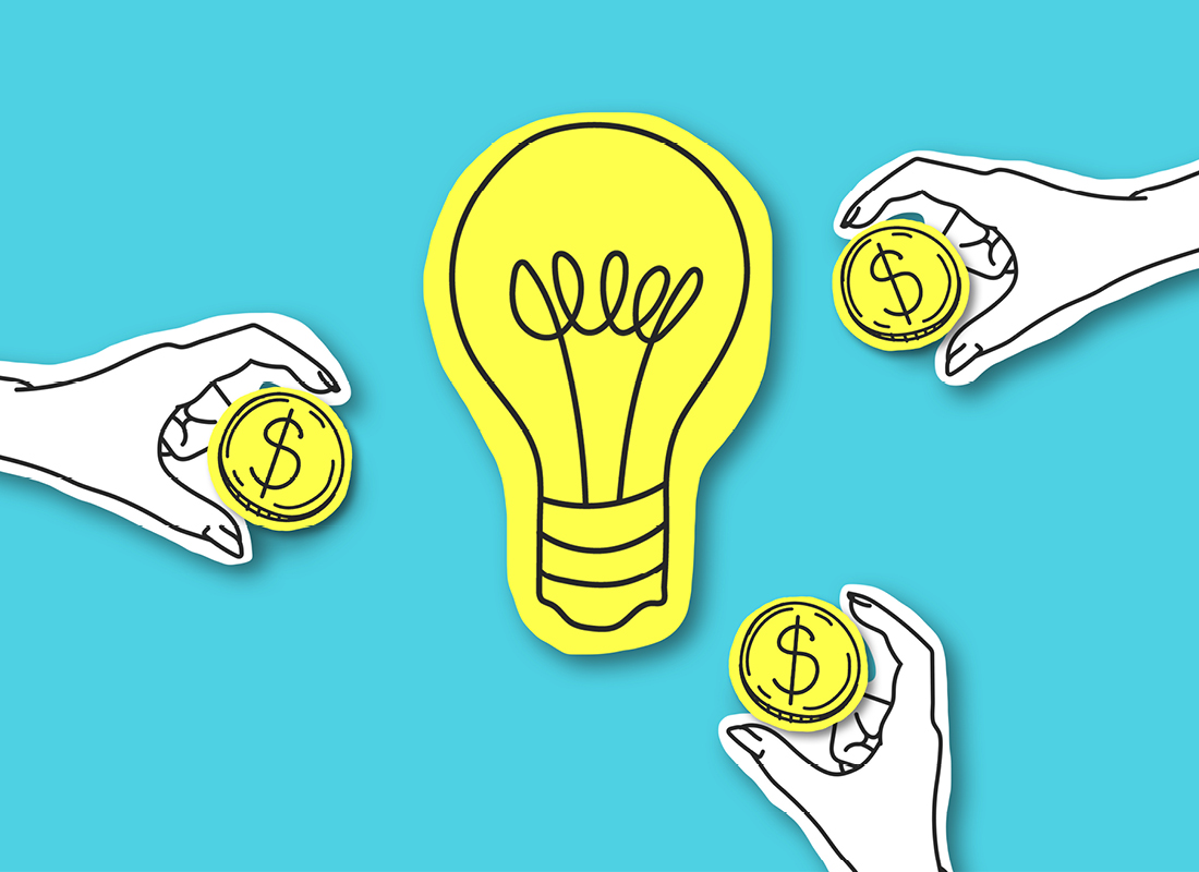 Illustration of hands holding coins with dollar signs around a large light bulb, showing the concept of investing in a startup.