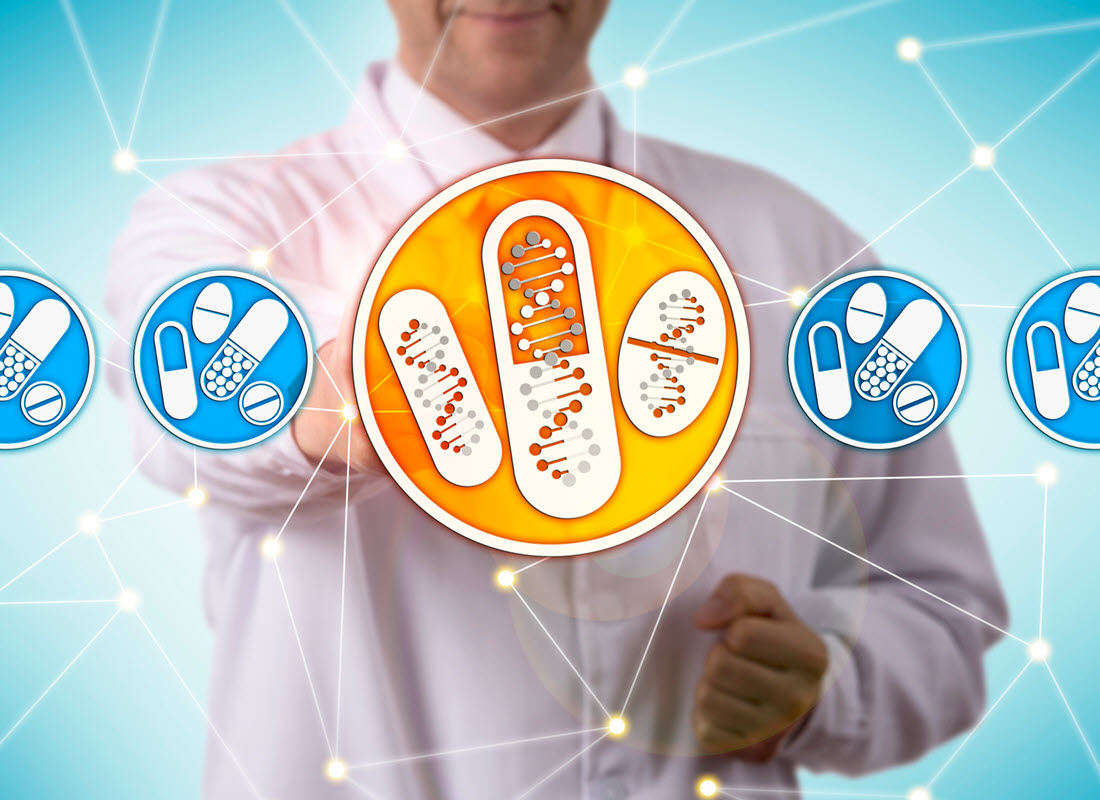 Artist’s representation of pharmacogenomics, showing a laboratorian in a white lab coat selecting drug treatments on the basis of DNA analysis.