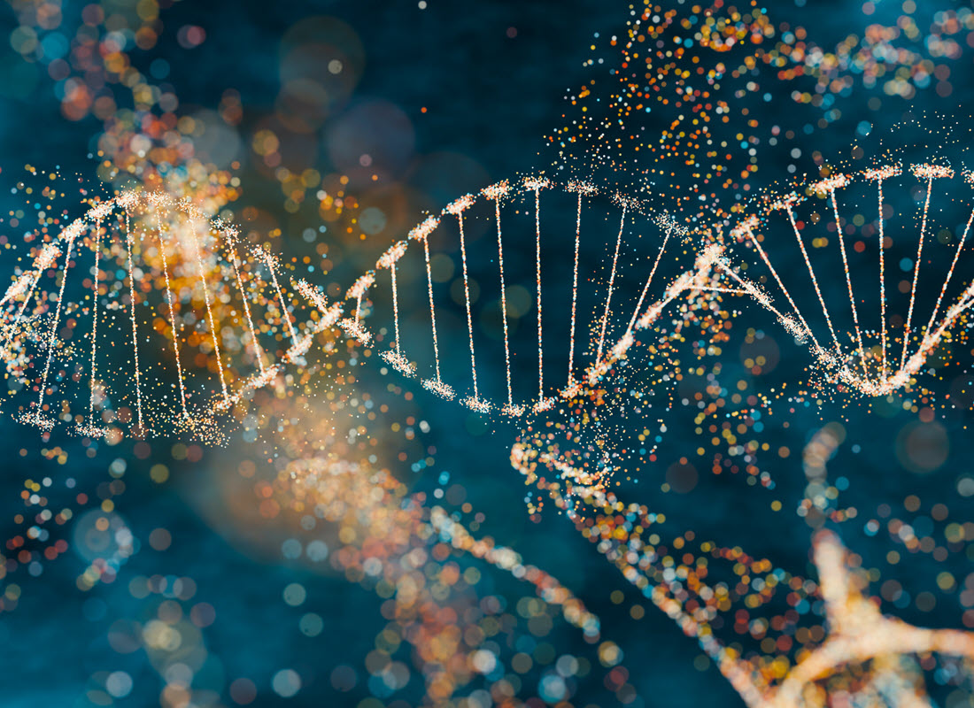 3D illustration of a DNA molecule with sparkling effects, illustrating germline testing.