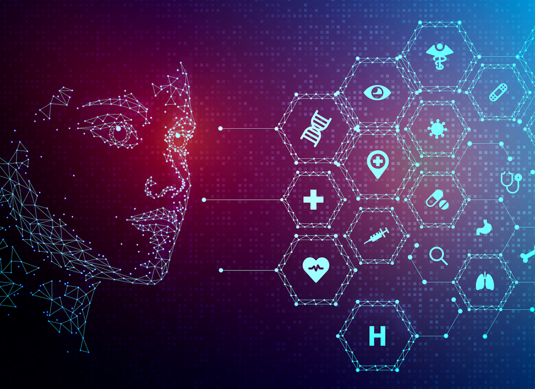 A wire frame image of a female face with various healthcare-related icons in front of it, illustrating a healthcare AI concept.