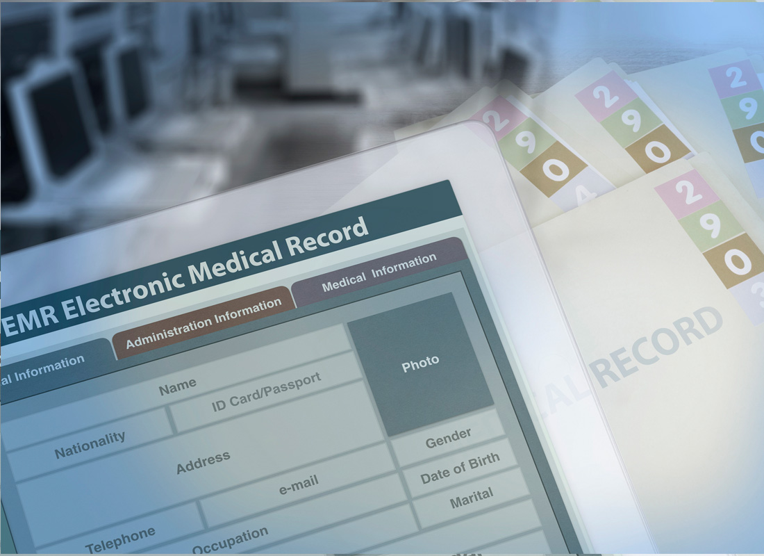 Background photo showing medical record changing from paperwork to electronic medical record.