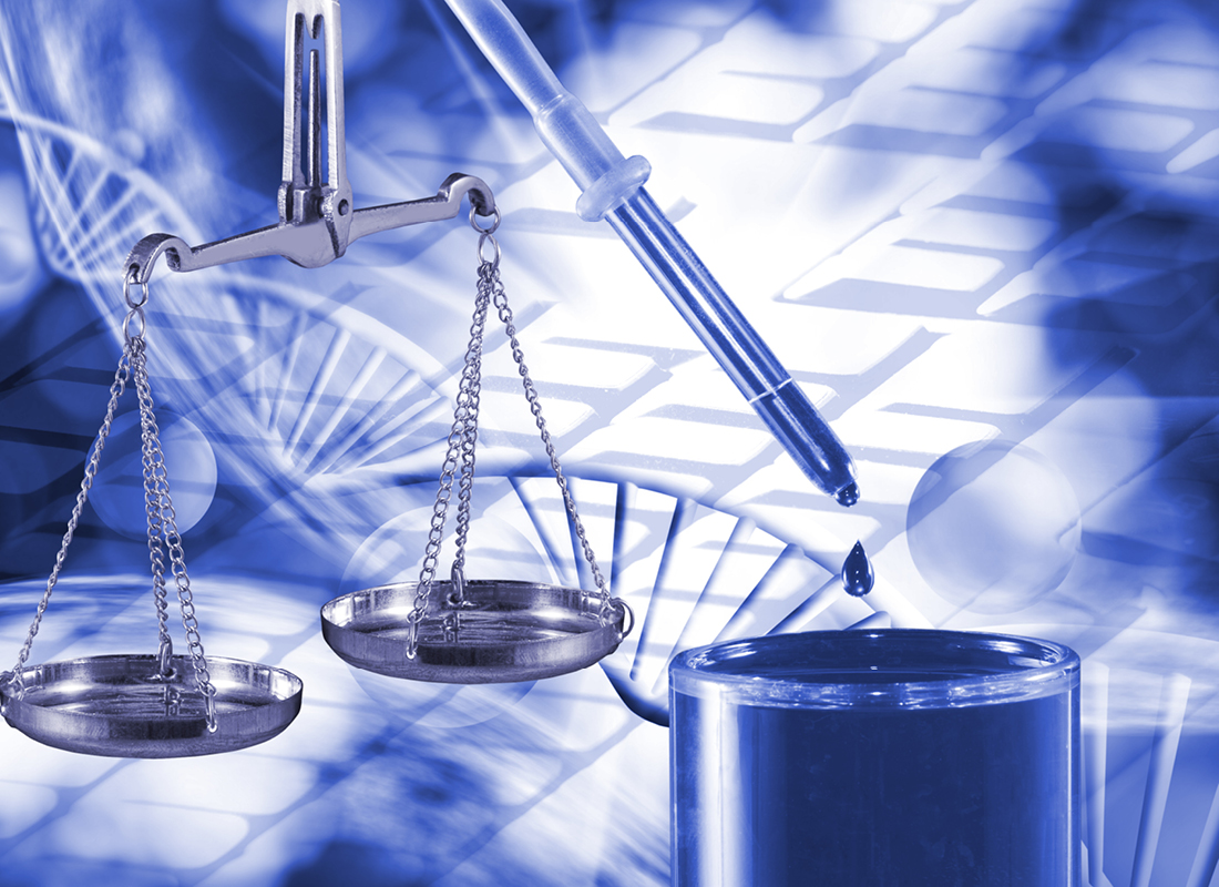 Image of laboratory flask and scales of justice on technological background.