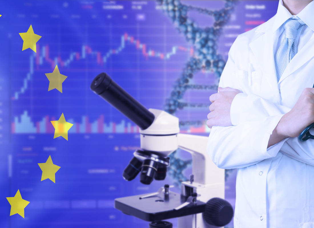 A doctor stands next to a microscope with a European Union flag, graphs, and DNA helix in the background, illustrating the concept of diagnostics industry deals in the EU.