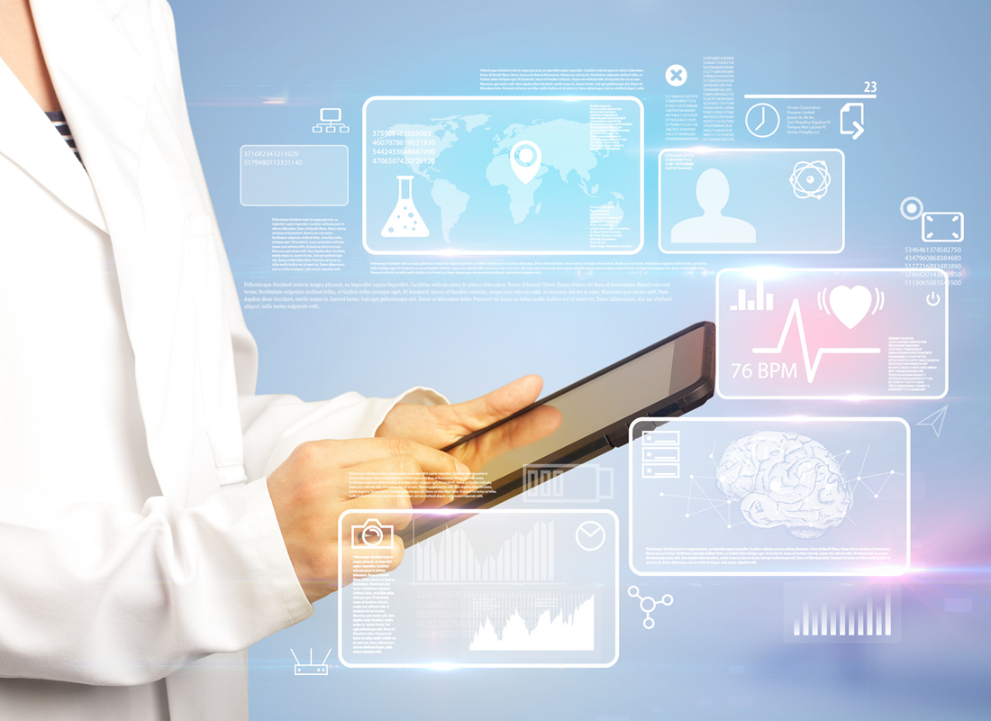 Closeup of laboratory professional using a tablet, with several healthcare-related icons and charts coming out of it, illustrating a healthcare artificial intelligence concept.