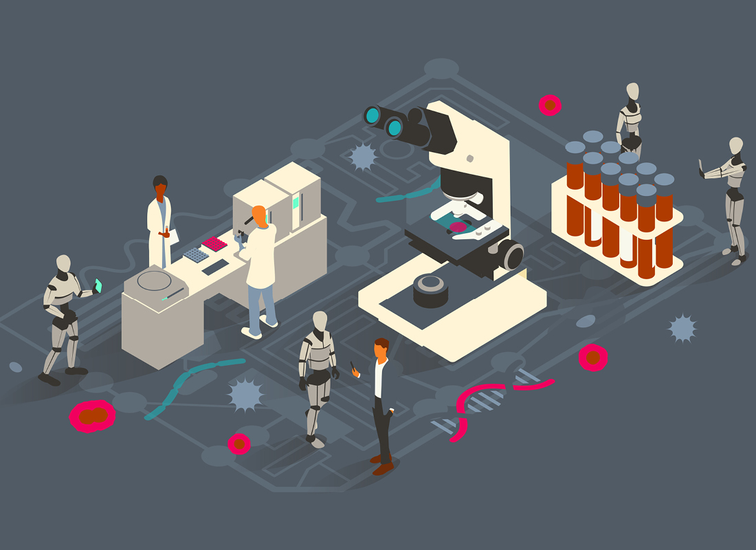 Robots assist healthcare professionals and patients in this conceptual illustration on the topic of pathology and artificial intelligence. A technology-inspired gray color palette includes magenta highlights and an array of healthcare and laboratory symbols, primarily a microscope and other lab equipment, over a microchip background pattern. Isometric vector presented in a 16x9 artboard. This is not an AI-generated image.