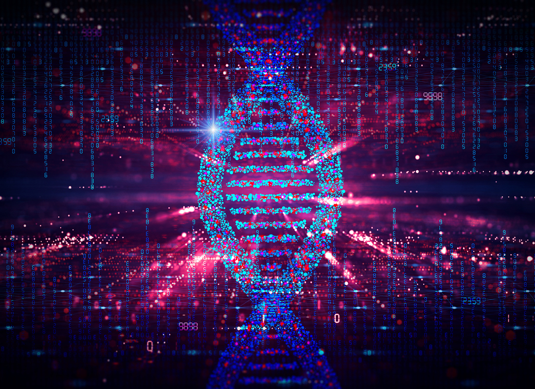 A digital illustration of DNA and vertical and horizontal lines of numbers, showing an AI in genomics concept.