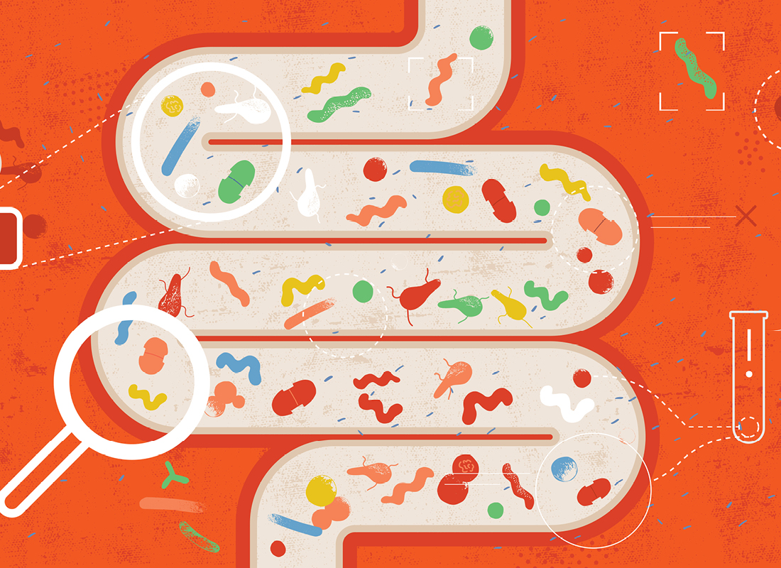 Flat, abstract illustration of the human gut with microbes and parasites.