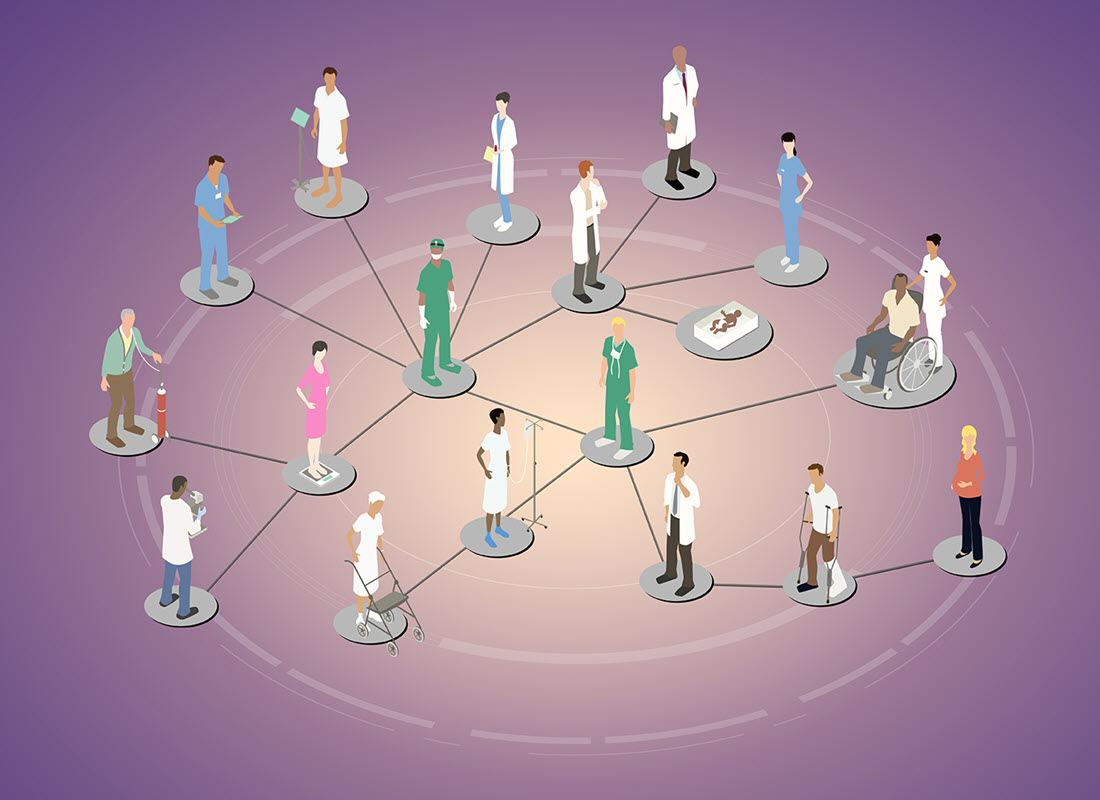 An image representing the new gLHS Network, showing connections between genomics researchers, clinical practitioners, and patients.