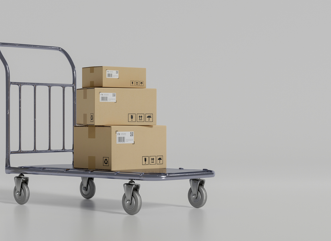 3D illustration of a set of cardboard boxes on steel trolley with mockup space on white background, showing the concept of a laboratory courier strike.